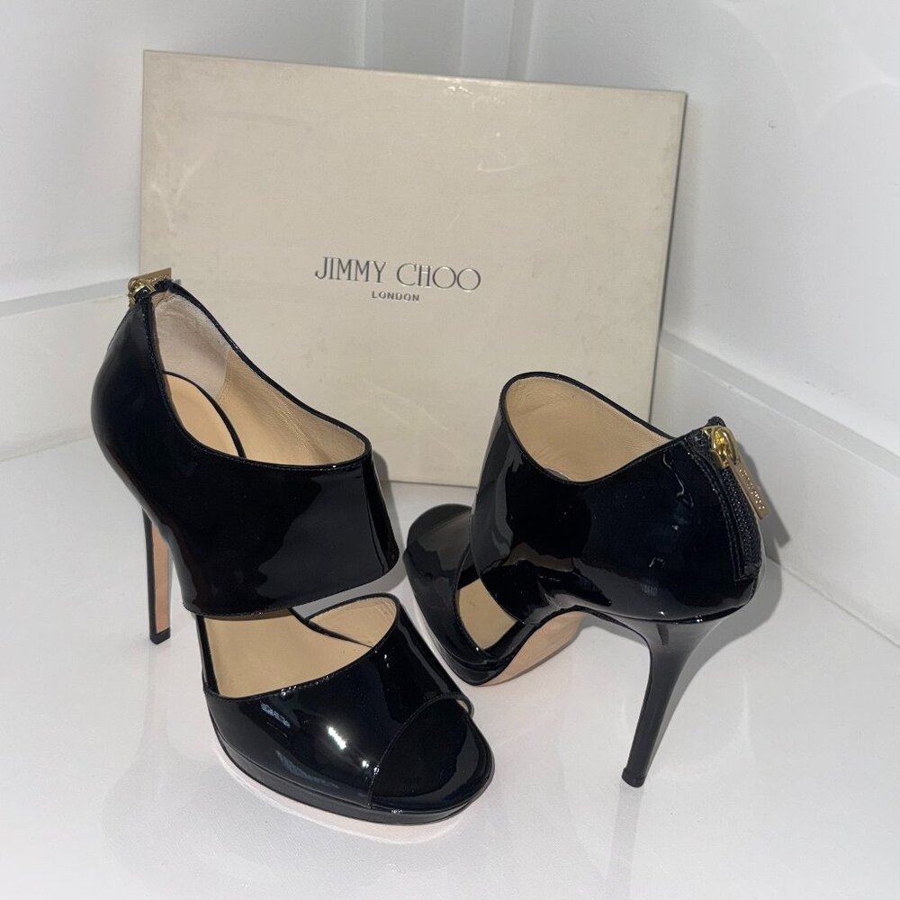 Jimmy Choo Private Black Patent Open Toe Sandals